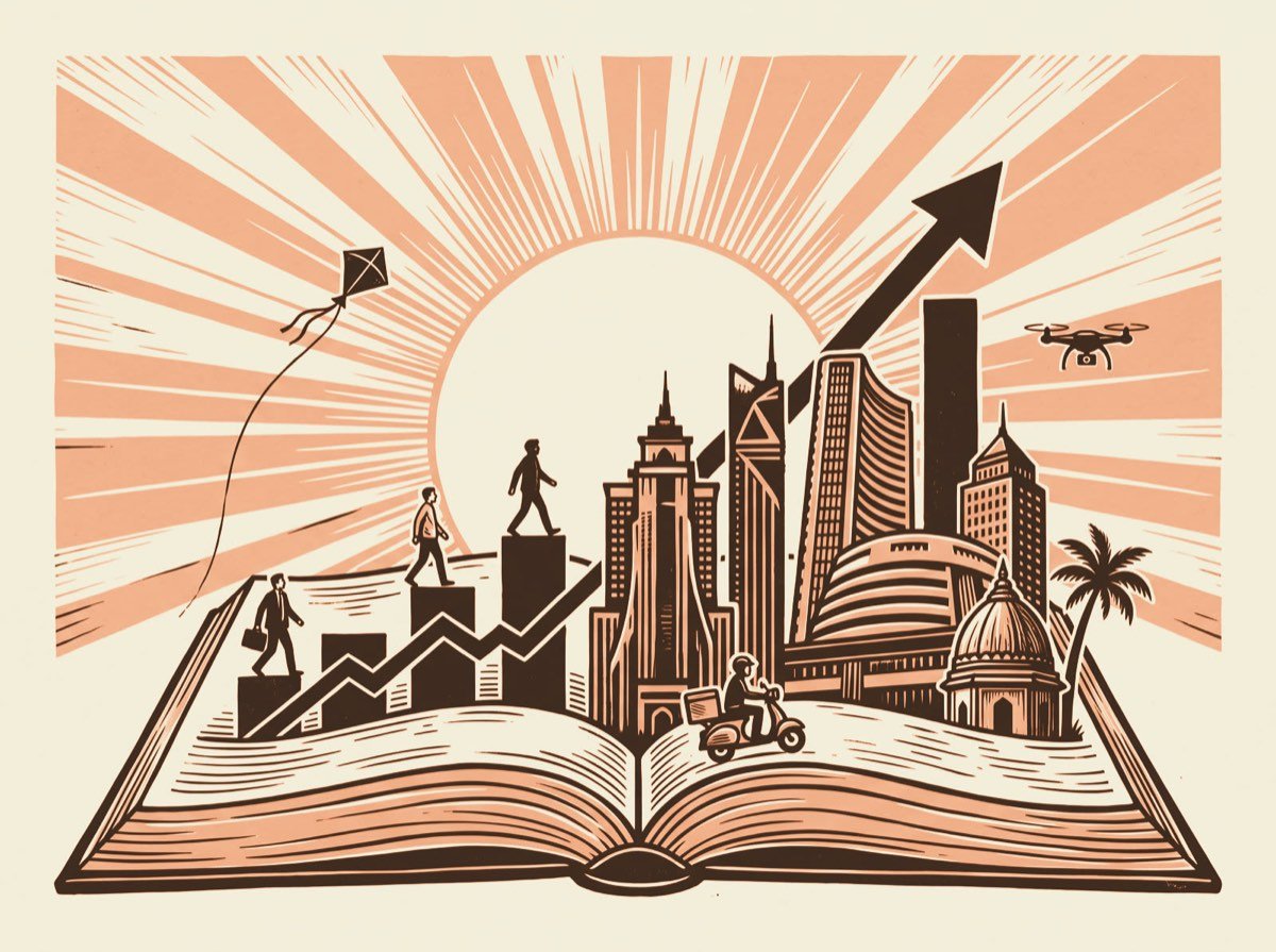 An open book with a skyline of Indian startups rising from its pages under a rising sun